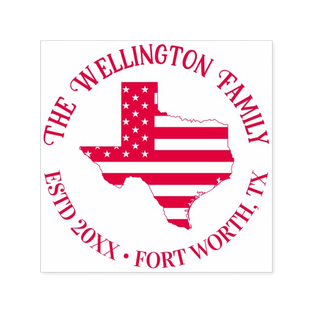 Tampon Auto-encreur Texas State Map Stars Stripes Nom de famille Date  (Design)