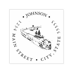 Tampon Auto-encreur Train vintage dans les montagnes Étiquette de reto