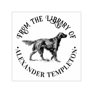 Tampon Auto-encreur Vintage Irish Setter Chien Dessin Bibliothèque Nom