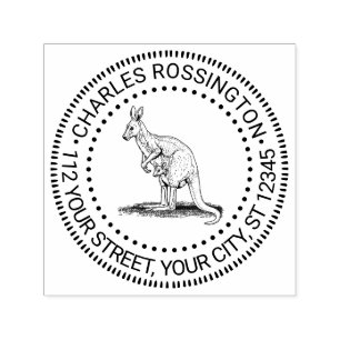 Tampon Auto-encreur Vintage Kangaroo & Joey Nom de dessin Adresse