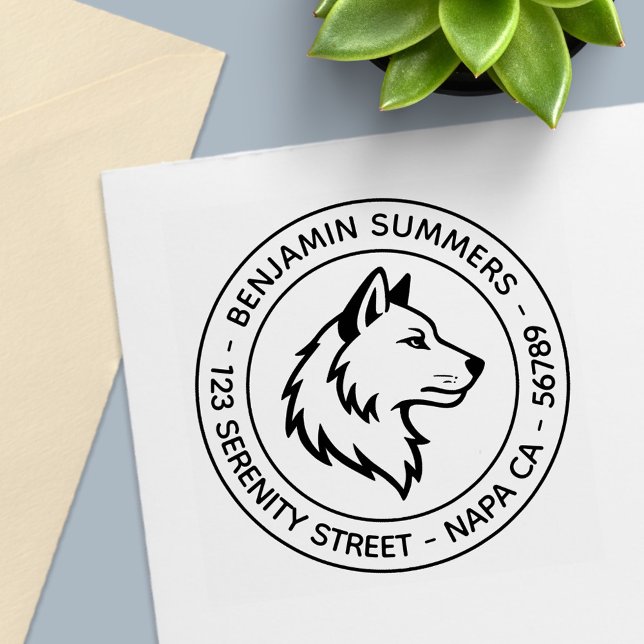 Tampon Auto-encreur Wolf Head Profile Round Address (Créateur téléchargé)