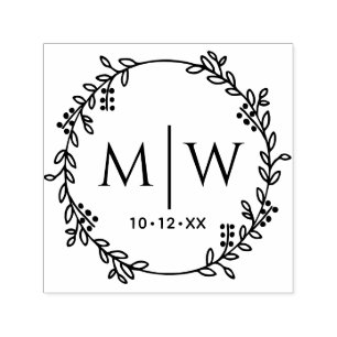 Tampon Auto-encreur Wreath botanique Deux premiers Mariages Monogramme