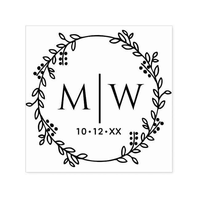 Tampon Auto-encreur Wreath botanique Deux premiers Mariages Monogramme (Design)