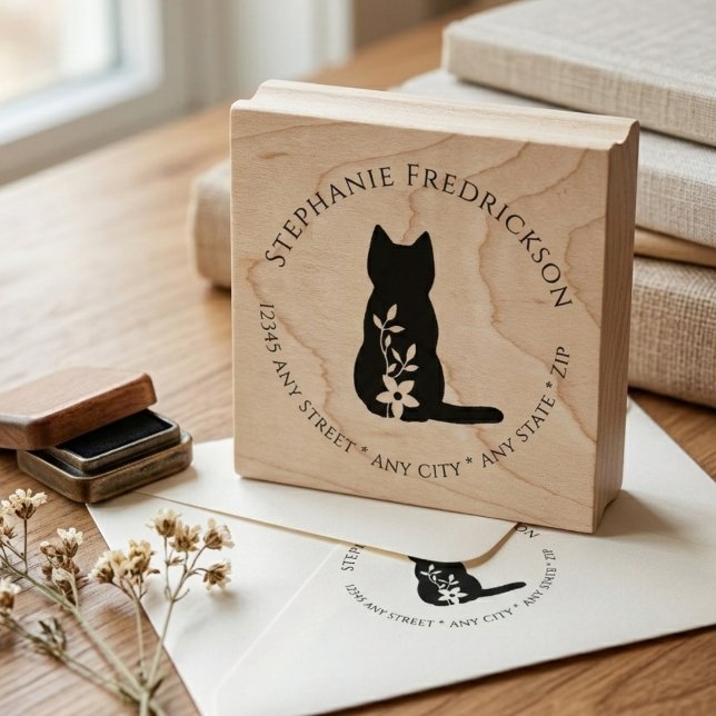 Tampon en caoutchouc avec adresse de retour Chat & (Cat lover return address rubber stamp)