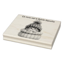 Tampon encreur en bois chat avec chapeau de laine.