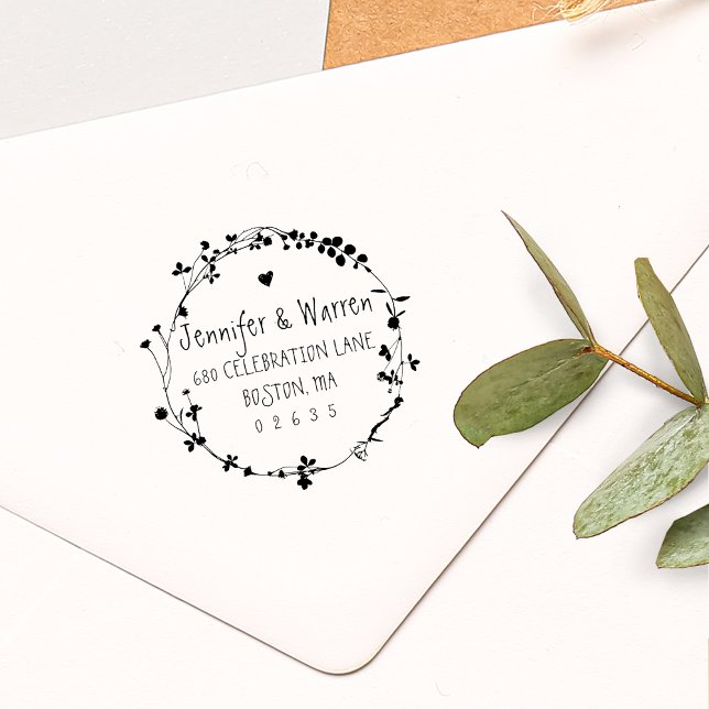 Tampons Encreurs Adresse de retour de la couronne Fleur sauvage tir (Hand Drawn Wildflower Wreath Return Address Rubber Stamp)