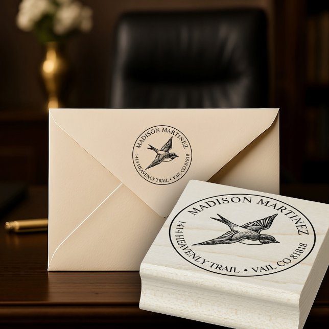 Tampons Encreurs Avaler Bird Adresse de retour Elegant Vol (Classy tattoo inspired swallow address stamp with a  decorative vibe that's both classic and fresh.)