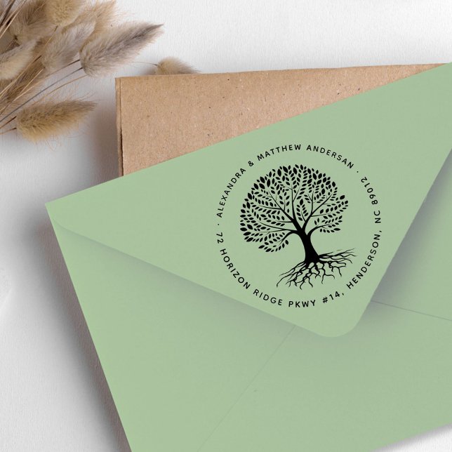 Tampons Encreurs Boho Elegant Tree Roots Couple Nom Adresse de reto (Boho Elegant Tree Roots Couple Name Return Address Rubber Stamp)