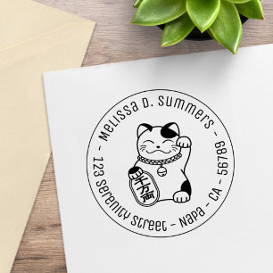 Tampons Encreurs Chat Chinois de la Chance, Maneki Neko Rond Adress