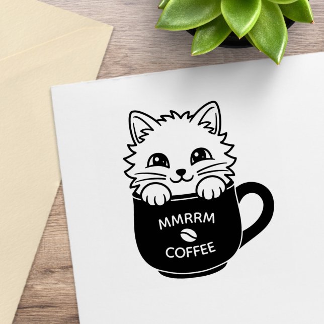 Tampons Encreurs Chat de dessin animé mignon dans une tasse de café (Créateur téléchargé)