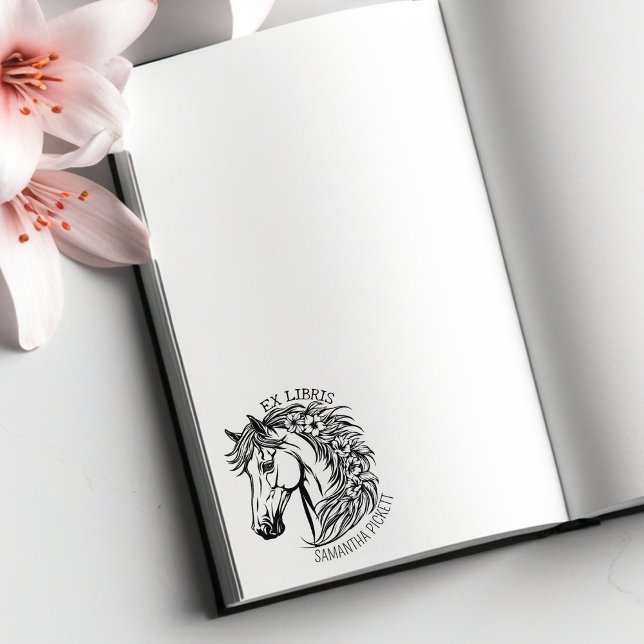 Tampons Encreurs Cheval élégant avec fleurs, Ex Libris Book (Créateur téléchargé)