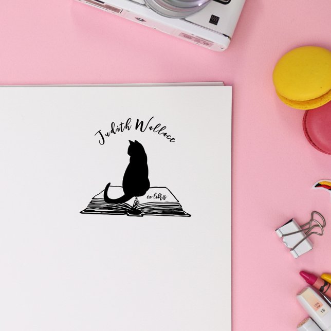 Tampons Encreurs Créez vos propres livres personnalisés de chats vi (Vintage Cat Sitting On The Opened Book Custom From The Library Ex Libris Book Stamp)