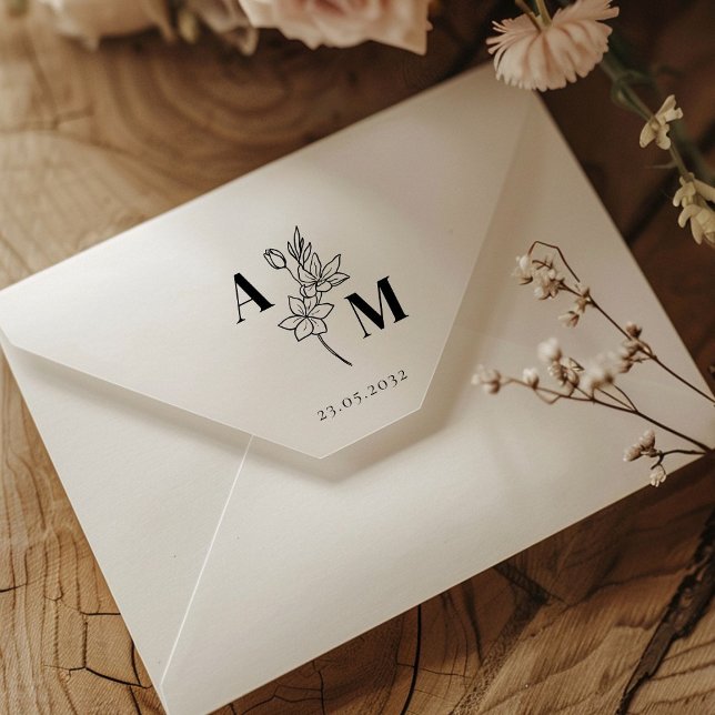 Tampons Encreurs Élégant, Monogramme, Fleur d'art linéaire, Mariage (Elegant, Monogram, Line Art Flower, Wedding Rubber Stamp)