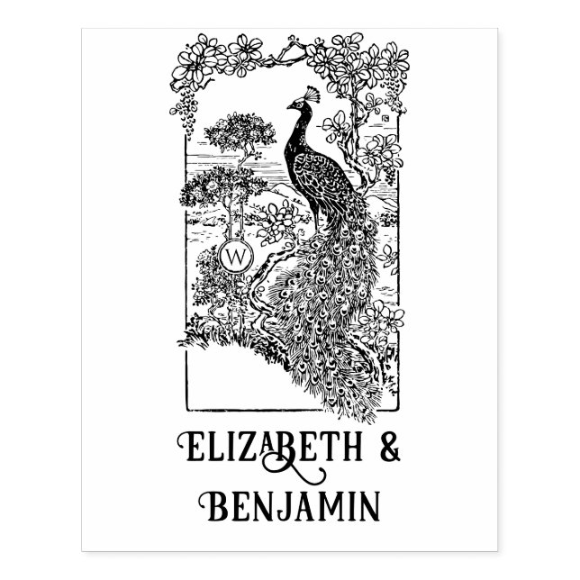 Tampons Encreurs Elégant Peacock in Garden Couple Nom initial (Impression)