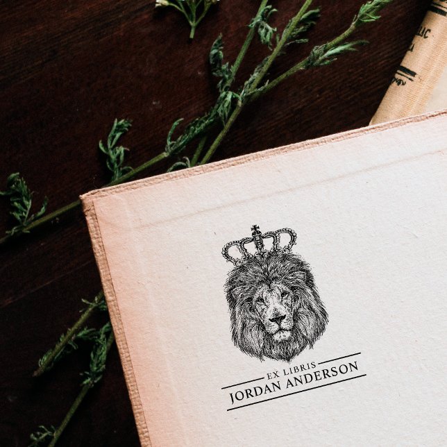 Tampons Encreurs Hand Drawn Lion With Crown | Custom Name Ex Libris (Créateur téléchargé)