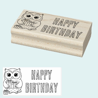 Tampons Encreurs Happy Birthday Owl with Gifts Wooden Art Stamp