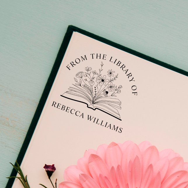 Tampons Encreurs Livre Ouvert & Fleurs Votre Nom De la Bibliothèque (Créateur téléchargé)