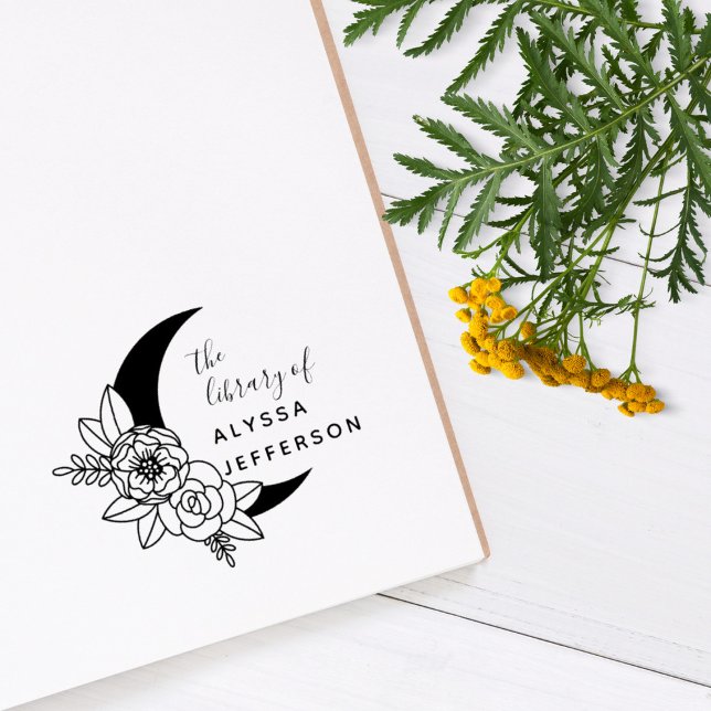 Tampons Encreurs Lune fleurie Élégant Nom personnalisé Livre de bib (Créateur téléchargé)