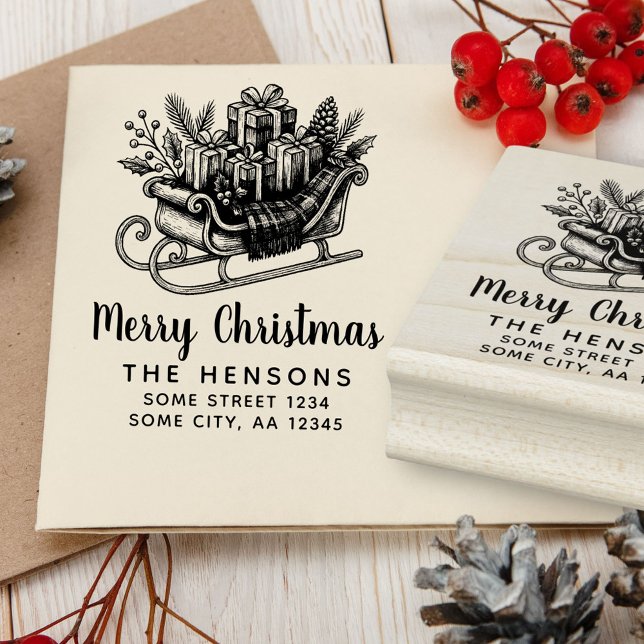 Tampons Encreurs Merry Christmas Script Santa Sleigh Family Address (Créateur téléchargé)