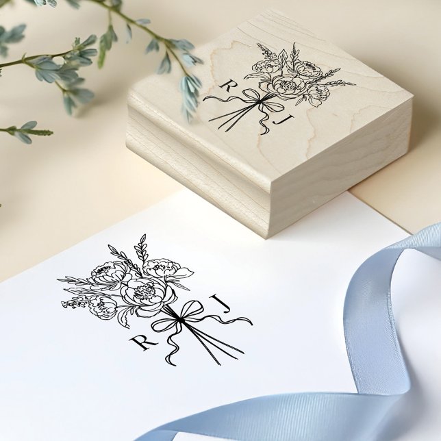 Tampons Encreurs Monogramme à main chic et bouquet floral (Chic Hand Drawn Bow & Floral Bouquet Monogram Rubber Stamp)