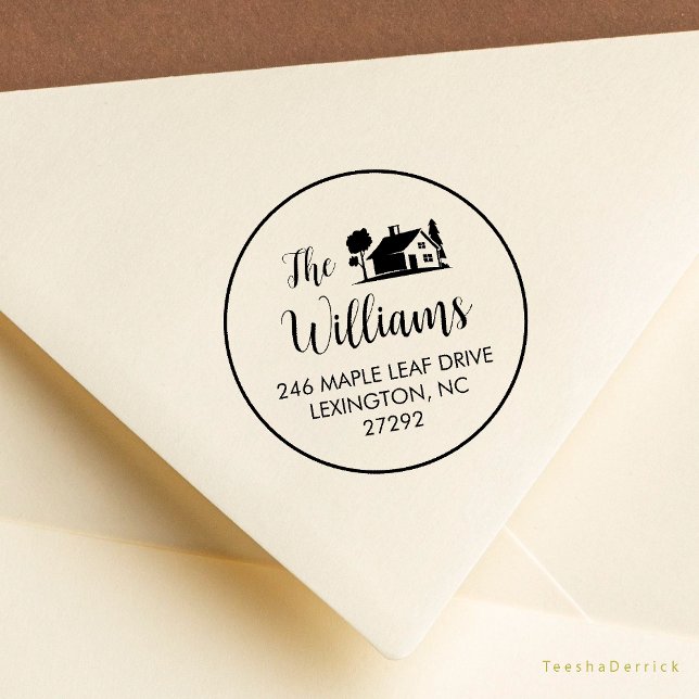 Tampons Encreurs Notre nouvelle maison Faire-part retour (Our New House Address Announcement Modern Rustic Round Rubber Stamp)