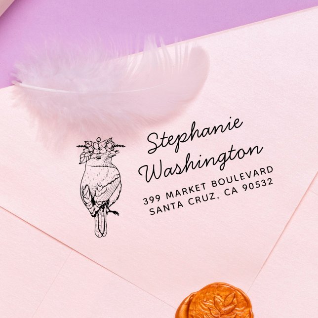 Tampons Encreurs Oiseau Aux Fleurs | Nom Script & Adresse de retour (Créateur téléchargé)