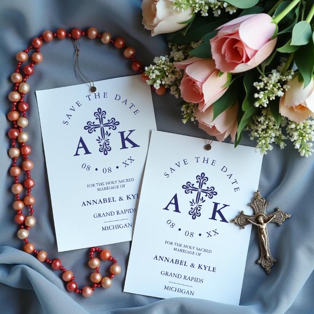 Tampons Encreurs Ornate Christian Cross Minimal Wedding Save Date (Ornate Christian Cross Minimalist Wedding Save the Date Rubber Stamps with Initials. )