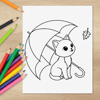 Tampons Encreurs Page de coloriage de chat mignon sous un parapluie