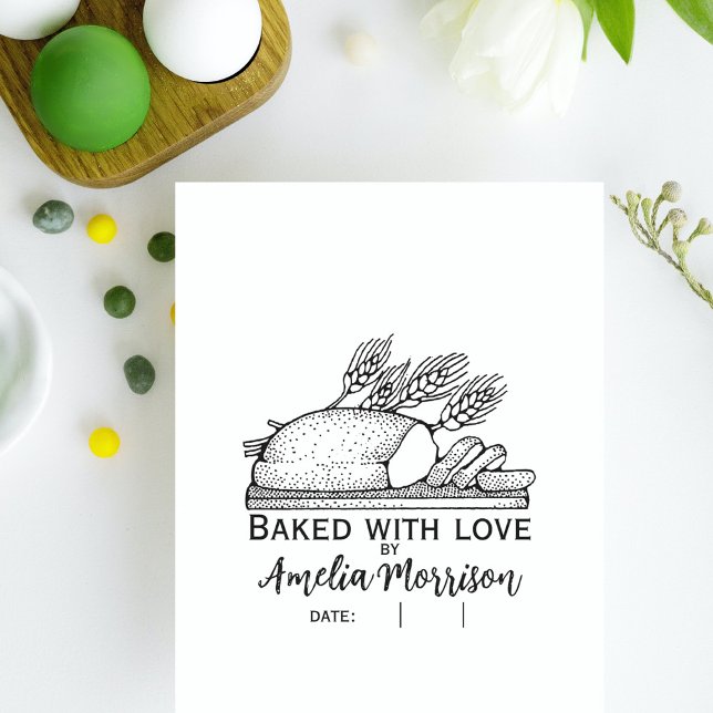 Tampons Encreurs Pain rustique/Pain cuit avec amour/Nom/Date (Rustic Bread Loaf/Baked with Love/Name/Date Rubber Stamp)