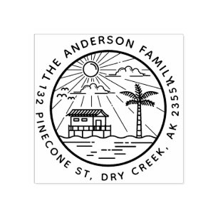 Tampons Encreurs Palm Tree & Sun Round Nom de famille Adresse