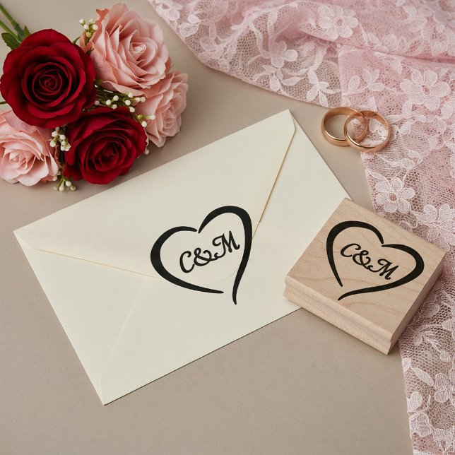 Tampons Encreurs Pink Romantic Heart Monogram Spring Wedding (Hand-drawn heart with couple names monogram for romantic wedding)