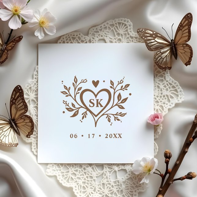 Tampons Encreurs Romantic Minimalist Heart Swirls Monogram Initials (Romantic Minimalist Wedding Design with Heart, Swirls, Monogram and Initials Rubber Stamps)