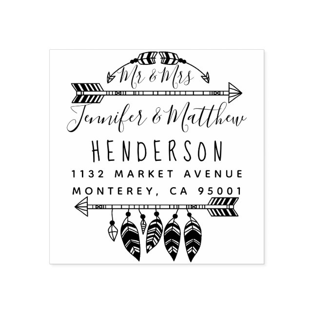 Tampons Encreurs Rustic Boho Feathers And Flèches Mr & Mrs Adresse (Impression)