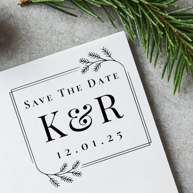 Tampons Encreurs Save the Date Fir Frame Winter Wedding Monogram (Créateur téléchargé)