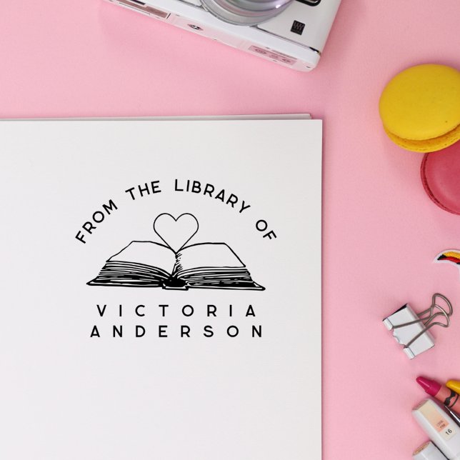 Tampons Encreurs Simple | De La Bibliothèque De | Ouvrir un livre (Cute Simple | From The Library Of | Open Book and Heart Rubber Stamp. Sweet and girly)
