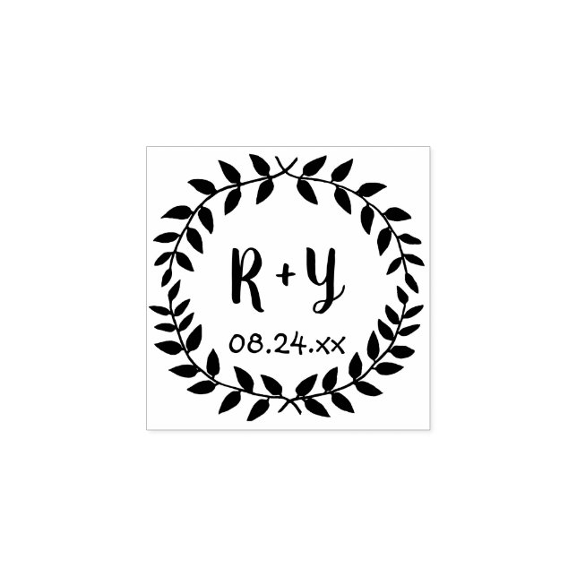 Tampons Encreurs Simple Laurel Wreath Russe Mariage Monogramme Date (Impression)