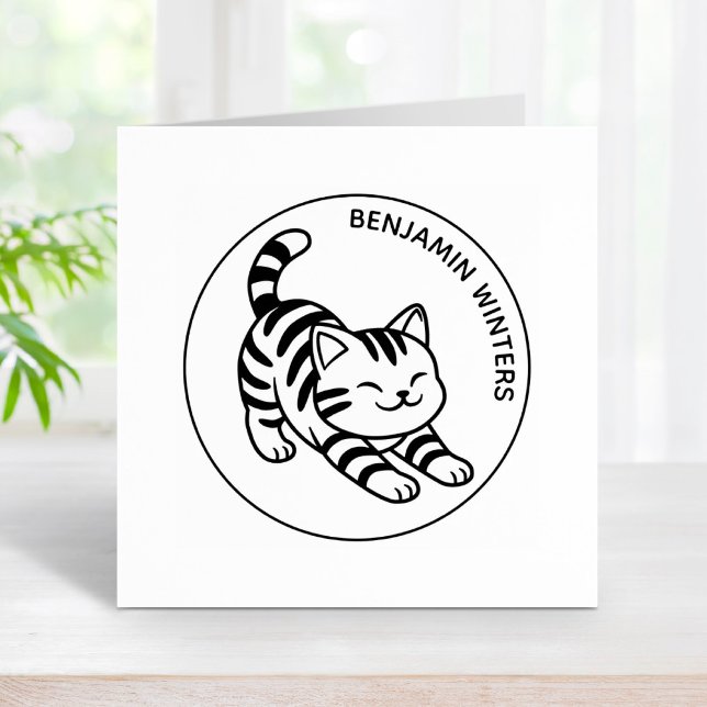 Tampons Encreurs Stretching Tabby Cat Custom Text (Créateur téléchargé)