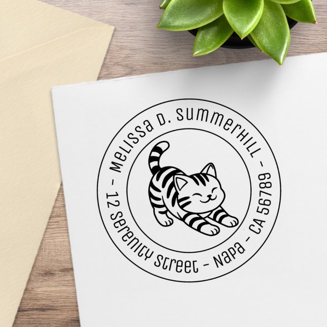 Tampons Encreurs Stretching Tabby Cat Round Address (Créateur téléchargé)
