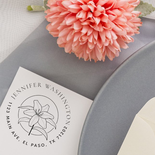 Tampons Encreurs Tendance Lily Floral Nom rond Adresse de retour (Créateur téléchargé)