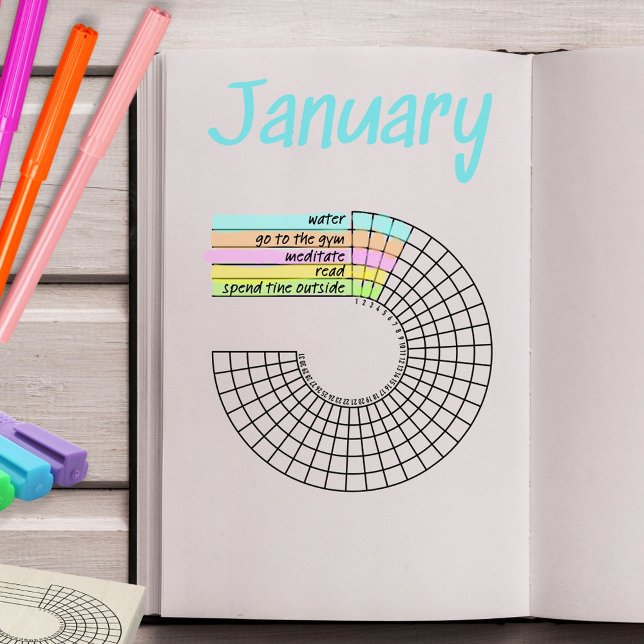 Tampons Encreurs Timbre du journal de suivi des habitudes radiales  (Monthly radial habit tracker journal stamp to record daily goals. )