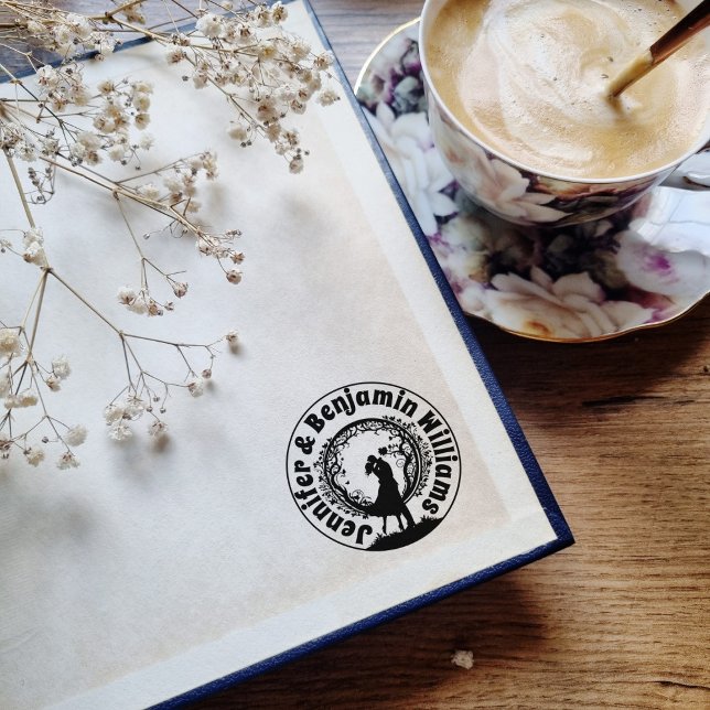 Tampons Encreurs Timbre en caoutchouc Mariage rond romantique Coupl (ex libris stamp with newly wed couple names)