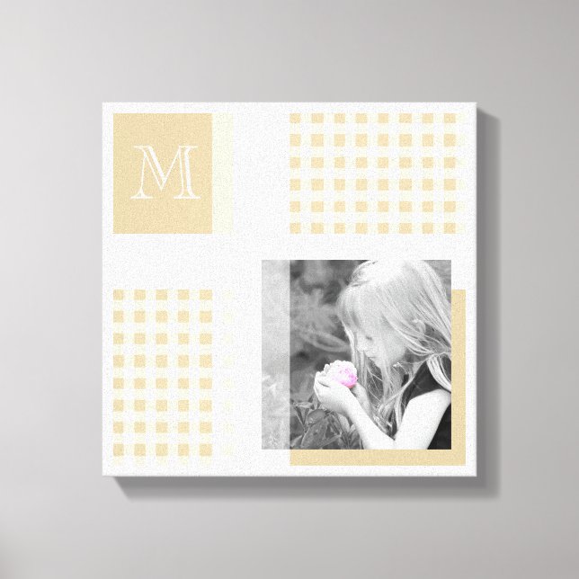 Tan Add Your Photo Gingham Modern Brown Monogram Canvas Print (Front)