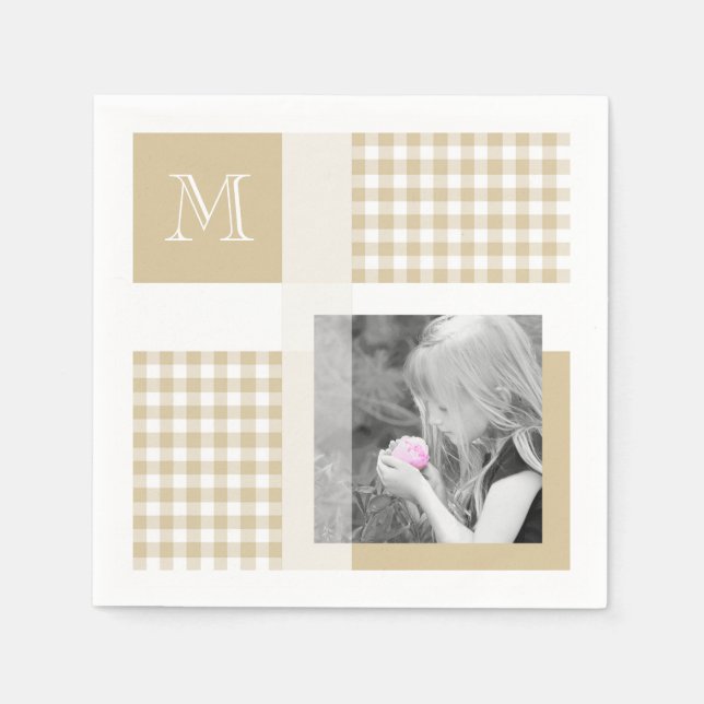 Tan Add Your Photo Gingham Modern Brown Monogram Napkin (Front)