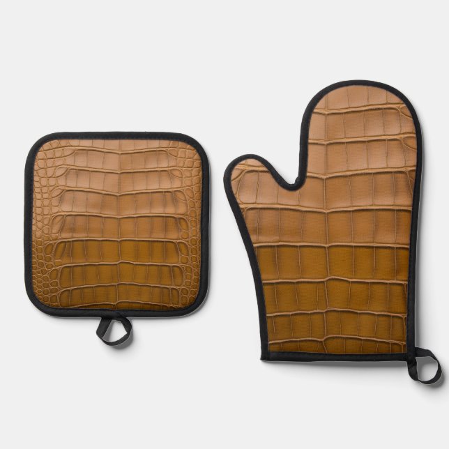 Tan Alligator Pattern Home Decor Oven Mitt & Pot Holder Set (Front)