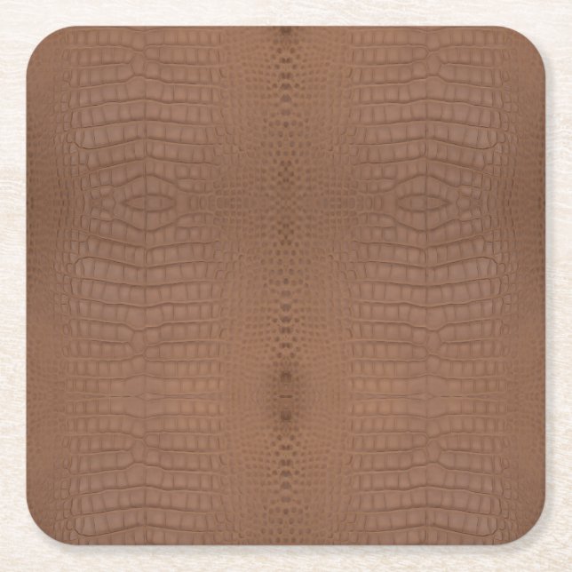 Tan Alligator Texture Print Square Paper Coaster (Front)