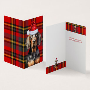 Tan and Black Coonhound Red Plaid Holiday Card