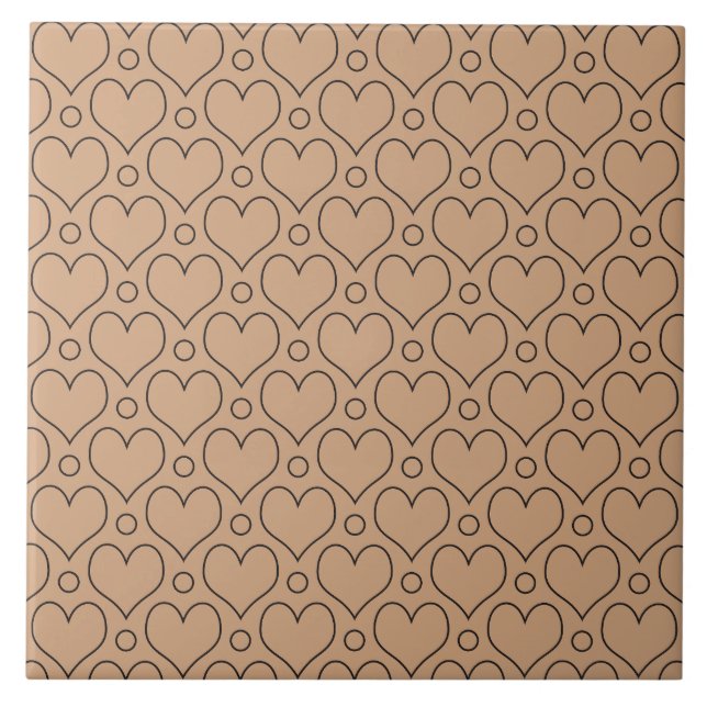 Tan and Black Love Hearts and Polka Dots pattern Tile (Front)