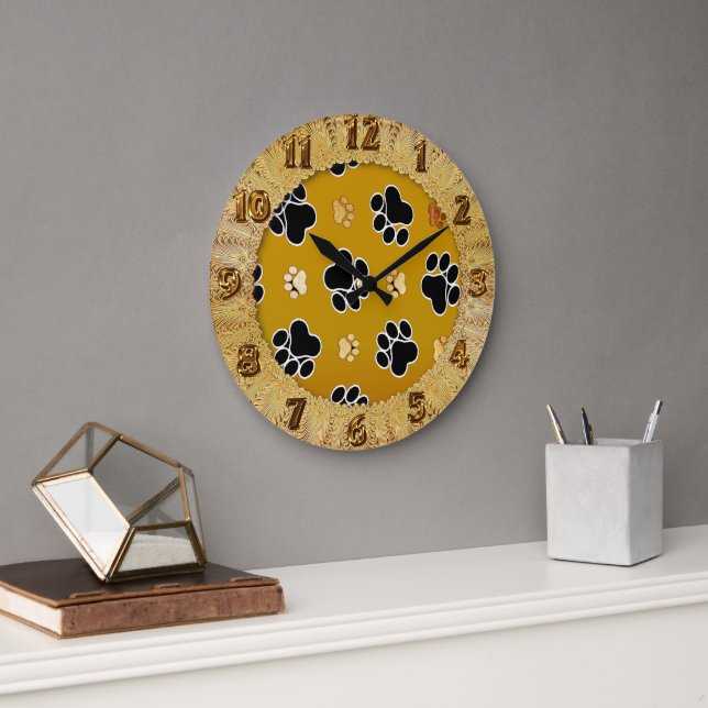 Tan and black paw print on a gold background #2 large clock (Office)