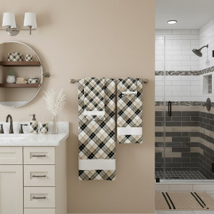 Tan and black plaid bath towel set