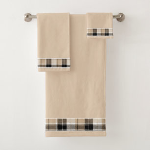 Tan and black plaid bath towel set